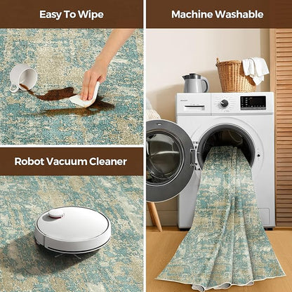 WITSHOCK Living Room Area Rugs 10x12：Modern Abstract Machine Washable Large Rug for Bedroom Dining Room Non-Slip Stain Resistant Home Office Decor,Teal Brown