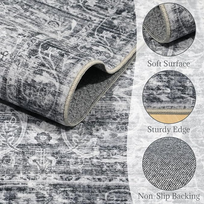 Washable Area Rugs 5'x7' Non-Slip Vintage Boho Distressed Fade Resistant Low Pile Carpet for High-Traffic Living Room, Bedroom & Dining Room