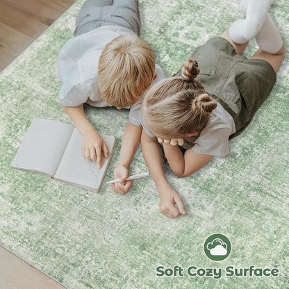 Area Rug 6x9 Washable Rug, Vintage Boho Medallion Rugs Non-Slip Soft Low Pile Large Distressed Rug Indoor Retro Carpet for Living Room Bedroom Dining Room Home Office (Sage Green, 6'x9')