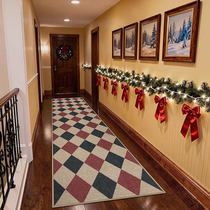 Lahome Christmas Runner Rug, 2x8 Christmas Kitchen Decor Checkered Non Slip Entryway Runner Rug, Checkerboard Red and Black Indoor Outdoor Xmas Decorations for Hallway 8ft Entry Bathroom