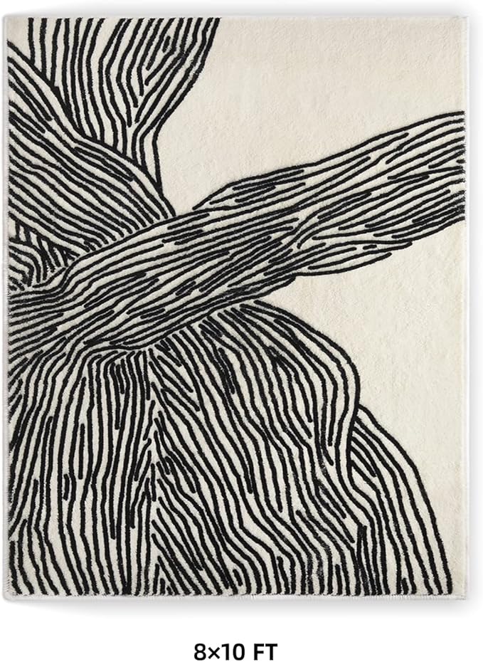 YIHOUSE 8×10 Ft Washable Rug, Black and White Abstract Area Rug for Bedroom Living Room Dining Room Office Playroom Nursery, Ultra Thin Nonslip Modern Large Rugs Soft Contemporary Striped Rugs