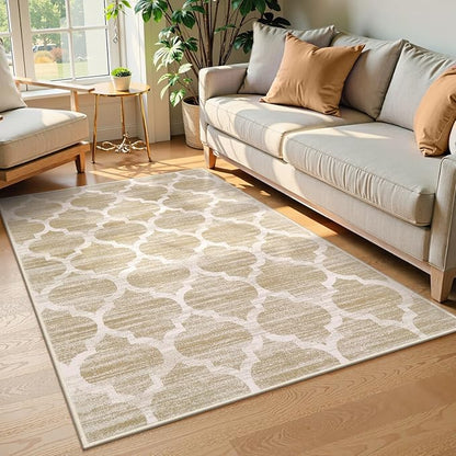 Lahome Moroccan Washable Rugs 3x5 - Non-Slip Entryway Rug Boho Soft Bedroom Rugs Aesthetic Throw Office Taupe Print Distressed Indoor Floor Carpet for Bathroom Laundry Room Dining Room