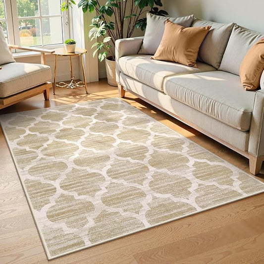 Lahome Moroccan Washable Rugs 3x5 - Non-Slip Entryway Rug Boho Soft Bedroom Rugs Aesthetic Throw Office Taupe Print Distressed Indoor Floor Carpet for Bathroom Laundry Room Dining Room
