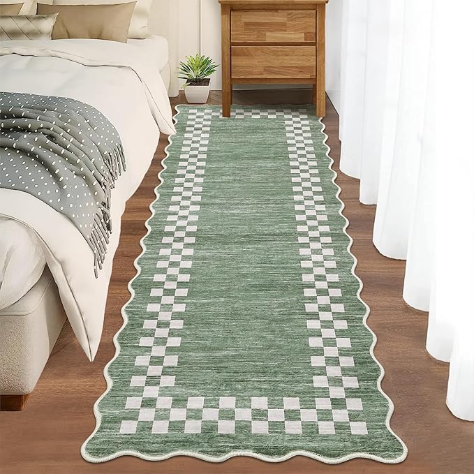 GarveeHome Hallway Runner Rug 2x6 Non Slip Scalloped Washable Rug for Kitchen Entry Stain Resistant Modern Border Throw Floor Carpet Long Runner Mat for Bathroom Living Room Bedside, Green