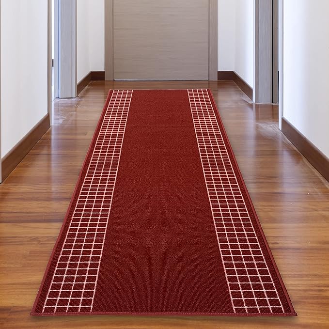 Custom Made Runner Rug for Kitchen Foyer Hallway Entry Choose Your Length 31 Inch Wide Geometric Checkered Design Red Color (48 feet x 31 Inch)