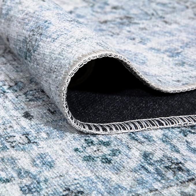 Bloom Rugs Caria Washable Non-Slip 10 ft Runner - Ivory/Blue/Gray Traditional Runner for Entryway, Hallway, Bathroom, and Kitchen - Exact Size: 2'6" x 10'