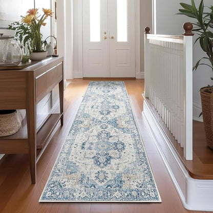 jinchan Kelda Runner Rug 2x7 Hallway Rug Washable Runner Vintage Mat Retro Print Lightweight Non-Slip Floor Cover Distressed Thin Carpet for Entryway Bathroom Bedroom Laundry Room Stairway Blue