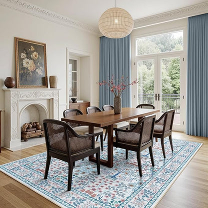 5x7 Area Rugs Living Room Rug - Floral Vintage Morris-Inspired Washable Carpet, Low Pile Non-Shedding Stain Resistance Boho Soft Carpet for Bedroom, Dining Room, Office, Farmhouse (5'x7' Blue/Pink)