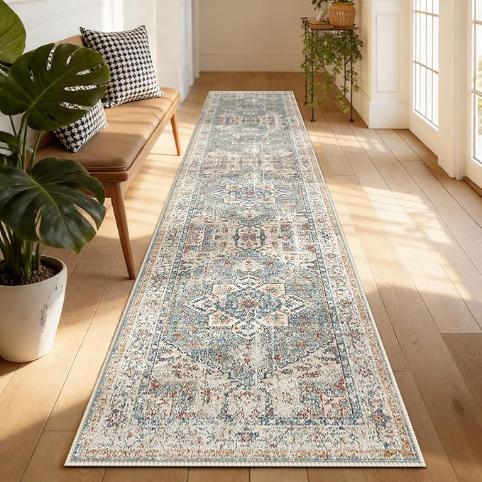 Enkor Runner Rugs for Hallway, 2x10 Washable Soft Boho Non Slip Floor Rugs for Kitchen, Modern Mat for Living Room Bedroom Entryway Beige & Green