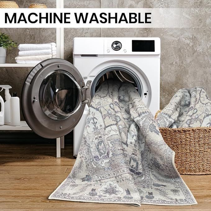 GLN Rugs Traditional Collection - Machine Washable Area Rug, Traditional Washable, Non Slip, Low Pile Chenille Rug, Living Room, Bedroom, Kitchen Rug (4' x 6' Cream/Gray)