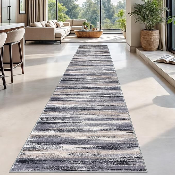 Modern Abstract Runner Rug 2.6x18, Grey Black Multi Washable Long Kitchen Runner Non-Slip Soft Hallway Rug Runner Thin Print Faux Wool Carpet for Entryway Bedroom Laundry Room Indoor Home Decor