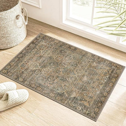 Bavni 2x3 Entryway Rug Bathroom Rugs for Front Door Bedroom Bathroom Kitchen, Washable Vintage Print Carpet, Ultra-Thin Chenille Lightweight Rug with Non Slip Backing, Warm Taupe