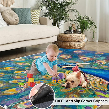 Peacock Rug Large - 6x9 Rug, Turquoise Teal Peafowl Washable Rugs for Living Room, Peafowl Decor Carpet, Modern Style Non-Slip Area Rugs for Bedroom, Aesthetics Carpet - Peafowl Home Decor & Gifts