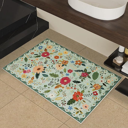 2x3 Washable Rug for Entryway, Floral Green Soft Small Area Rug, Non Slip Doormat Indoor Entrance Carpet, Flower Low Pile Front Door Throw Rug for Bedroom, Kitchen, Laundry, Bathroom, Sage Green