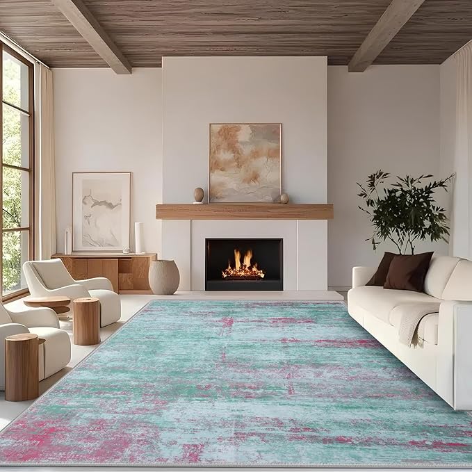 5x7 Abstract Area Rugs for Living Room, Modern Washable Indoor Rug for Bedroom, Thin Soft Large Non-Slip Carpet for Dining Room Home Office Farmhouse Decor - Abstract Green Red