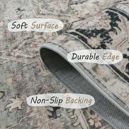 9x12 Area Rugs - 9x12 Washable Area Rug Indoor Vintage Rug Print Rug Low-Pile Floor Carpet for Living Room, Bedroom (Olive Charcoal)
