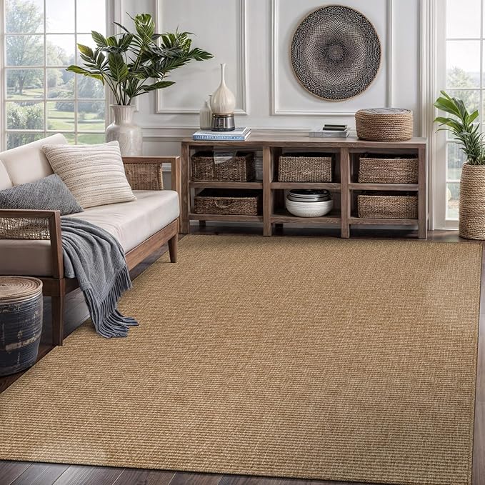 CAMILSON Easy Jute Rug 6x9, Indoor Outdoor Natural Color Farmhouse Area Rugs for Living Room Patio and Kitchen Rug, Solid Boho Woven Design, Easy-Cleaning, Washable Outside Carpet Alfombras (6 x 9)