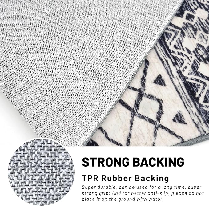 KUTA Round Washable Rug 3Ft Boho Black Navy Blue Entryway Rugs, Moroccan Foyer Kitchen Carpet Non-Slip, Soft Distressed Geometric Low-Pile Circle Throw for Hallway Bedroom Nursery Dorm