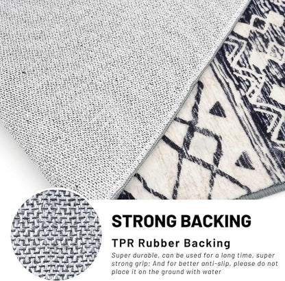 KUTA Round Washable Rug 3Ft Boho Black Navy Blue Entryway Rugs, Moroccan Foyer Kitchen Carpet Non-Slip, Soft Distressed Geometric Low-Pile Circle Throw for Hallway Bedroom Nursery Dorm
