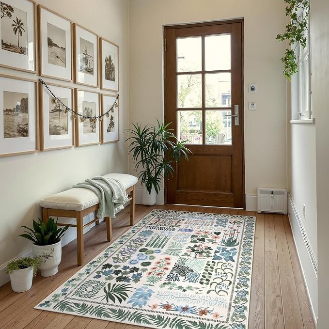 Floral Boho Beige Washable 3x5 Bathroom Entrance Rugs Indoor, Non Slip Flower Botanical Area Rugs for Kitchen Floor Soft Throw Carpet for Laundry Living Room Entrance (Beige,3 x 5)