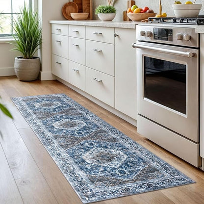 KOZYFLY Runners for Hallways 2x7 Ft Washable Kitchen Runner Rug Boho Runner Rug for Entryway Indoor Blue Printed Oriental Faux Wool Floor Carpet Runner for Bedroom Kitchen Hall