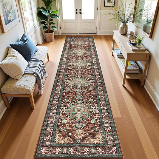 U'Artlines 3' x 16' Boho Hallway Runner Rug, Rust Non Slip Washable Vintage Farmhouse Accent Rug Carpet for Kitchen Entryway Laundry and Living Room (Rust＆Teal)