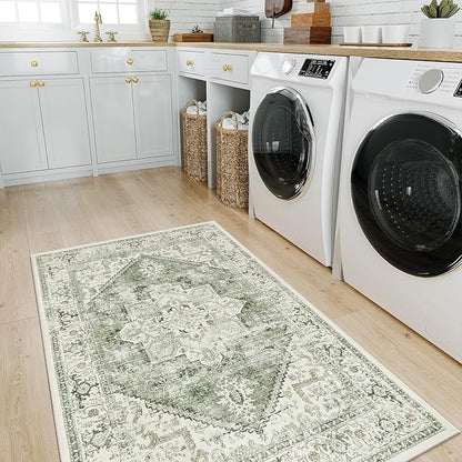 LIVEBOX Washable Area Rug 3x5 - Vintage Tribal Non-Slip Indoor Rugs for Kitchen Entryway, Low-Pile Front Door Mat Print Distressed Accent Throw Rug for Bedroom Entry Foyer Laundry Room, Sage