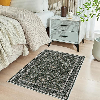 WITSHOCK Washable 2x3 Entryway Area Rug: Soft Non-Slip Backing Washable Rugs Vintage Flower Boho Accent Small Rugs for Bedroom, Kitchen, Bathroom, Nursery Entrance,Dark Green