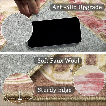 8x10 Machine Washable Area Rug for Living Room, Pink Vintage Boho Floral Rug Large Non-Slip Low Pile Soft Faux Wool Carpet, Kids and Pets Friendly for Bedroom Dining Room Farmhouse Home Decor Rug