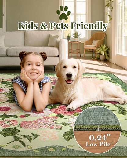Floral Bedroom Rug - 4x6 Washable Area Rugs Non-Slip Soft Low-Pile Stain Resistant Carpet Flower Print Vintage Indoor Rug for Living Room Dining Room Office Nursery Room, Green