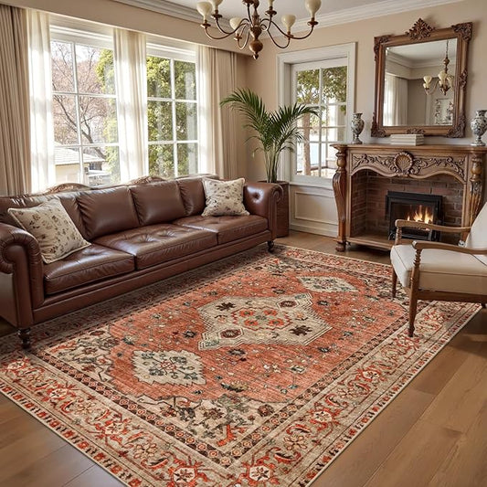 Tangsoo 8x10 Area Rug for Living Room, Washable Vintage Rug Indoor Boho Non Slip Large Area Rugs, Print Distressed Terracotta Carpet, Soft Low Pile Foldable Floor Rug for Bedroom Dining Room