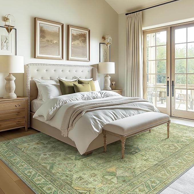 Bavni Washable Rug 5x7 Area Rug for Living Room Bedroom Dining, Washable Vintage Print Carpet, Ultra-Thin Chenille Low Pile Lightweight Rug with Non Slip Backing, Light Green