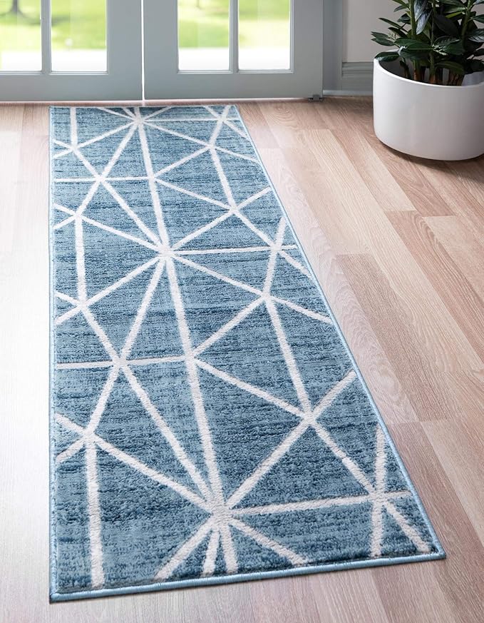Rugs.com Lattice Trellis Collection Rug – 6 Ft Runner Blue Low-Pile Rug Perfect for Hallways, Entryways