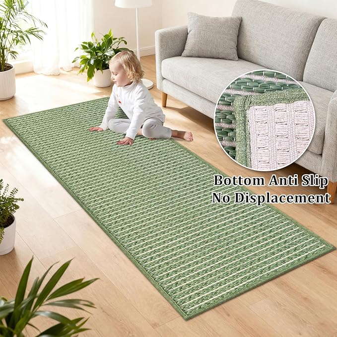 Sage Green Runners for Kitchen 24"x60" Non Slip Braided Long Bathroom Runner,Washable Boho Kitchen Mats for Floor,Luxury Hallway Runner Rug,Floor Carpet for Indoor,Backdoor Living Room