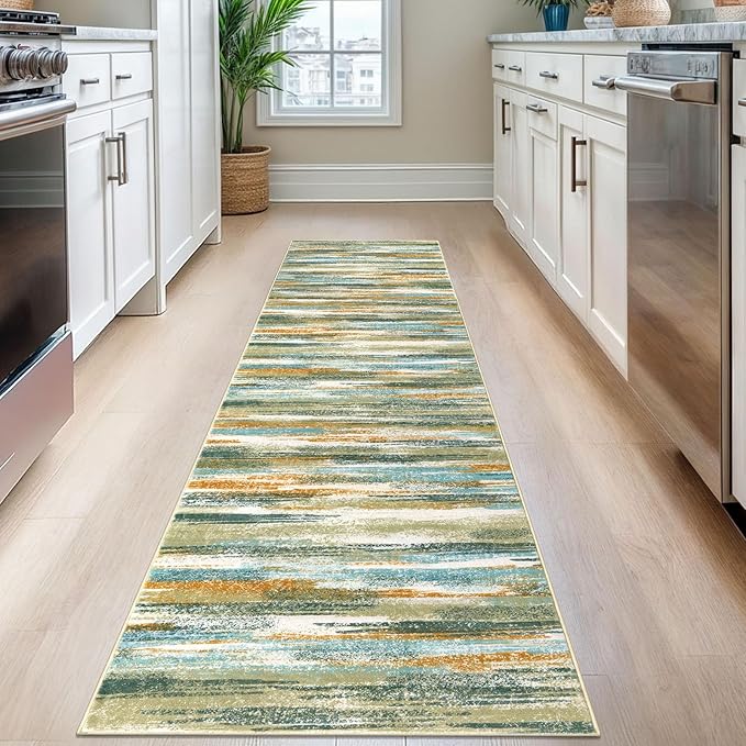Modern Abstract Runner Rug 2.6x8, Green Mustard Multi Washable Kitchen Runner Non-Slip Soft Hallway Rug Runner Thin Print Faux Wool Carpet for Entryway Bedroom Laundry Room Indoor