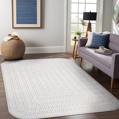 Beverly Rug Modern Geometric Area Rug 4x6 Low-High Pile Durable Soft Abstract Grid Indoor Rugs for Living Dining Room Office Stain Resistant Non Shedding Casual Indoor Carpet Beige White 4 x 6
