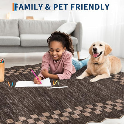 GarveeHome Scalloped Round Rug 4ft Modern Solid Color Circle Rugs Non Slip Low Pile Living Room Throw Carpat Washable Bedroom Scalloped Round Area Rug Stain Resistant Bordered Rug for Kitchen, Brown
