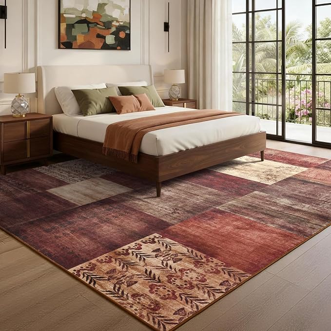 DweIke Large Modern Washable Area Rugs 8x10, Living Room Rug Non-Slip and Non-Shedding Large Rugs for Bedroom, Low Pile Indoor Rubber Backed Carpets for Dining Office Home Decor, Red