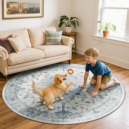 Area Rugs 6ft Washable Non-Slip, Floral Vintage Distress Print Pattern Medallion Carpet for Living Room Bedroom Dining Room, Light Blue Navy Beige Gray White