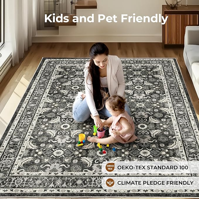 WITSHOCK Living Room Area Rugs 8x10: Soft Non-Slip Backing Washable Rugs Vintage Large Carpet for Bedroom Office Dining Room Kitchen Stain Resistant Home Decor Rug