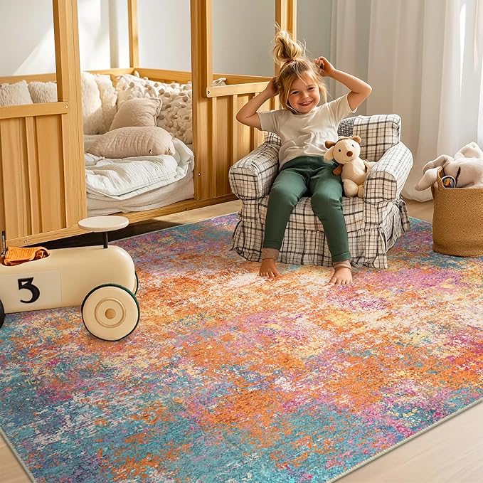 Washable Area Rugs 5'x7' Non-Slip Modern Abstract Soft for Living Room Entryway Bedroom Nursery, Print Pattern, Orange Blue Pink Yellow Colorful