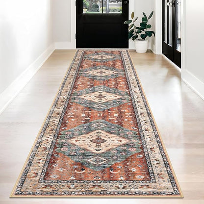 KOZYFLY Runners for Hallways 2.6x12 Ft Extra Long Washable Kitchen Boho Runner Rug for Entryway Indoor Rust/Orange/Blue Printed Faux Wool Stair Runner Floor Carpet Runner for Stair Kitchen Hall