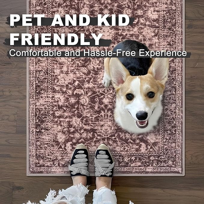 KILOCOCO Area Rug 3x5 Entryway Rug Washable Printed Vintage Floral Rubber Backed Non Slip Indoor Kitchen Rugs for Living Room Laundry Room Playroom Mudroom Moroccan Area Rugs, Red