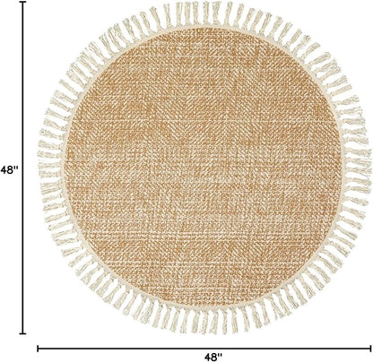Collive Hand Woven Round Area Rug Soft Cotton Machine Washable Carpet 4ft Farmhouse Rugs with Tassels, Tan/Cream Circle Rugs for Bedroom Living Room Dining Room Table Office