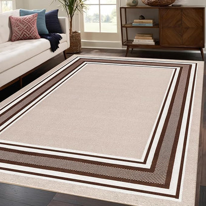 Beverly Rug Non Slip Area Rugs 8x10 Modern Bordered Non Skid Rubber Backing Soft Area Rug for Living Dining Room Easy to Clean Non Shedding Kitchen Bedroom Indoor Carpet 8 x 10 Beige-Brown