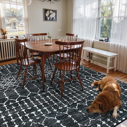 Lahome Moroccan Black 9x12 Rug for Living Room, Washable Non-Slip Ultra-Thin Stain Resistant Area Rug for Dining Room Table, Geometric Print Modren Indoor Carpet for Bedroom Office