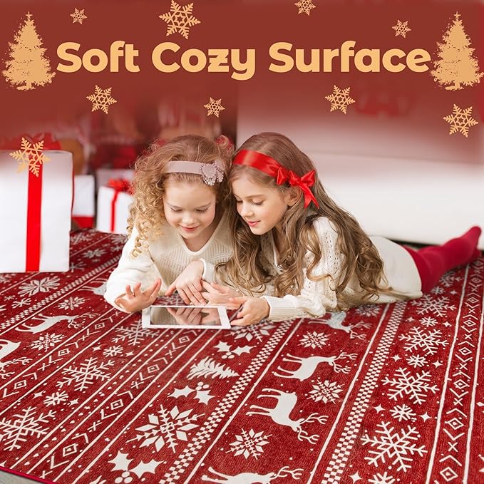 Christmas Rug 4x6 Washable Rugs, Boho Christmas Tree Snowflake Rug Non-Slip Soft Low Pile Non Shedding Indoor Holiday Decor Carpet for Living Room Bedroom Dining Room Home Office (Xmas Red, 4'x6')