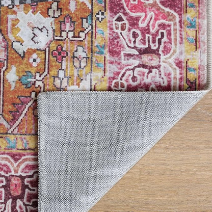 Washable Area Rugs 3x5, Low Pile Super Soft Carpet, Vitnage Distressed Rug for Bedroom, Living Room, Dining Room, Non-Slip, Low Pile, Blue, Plum