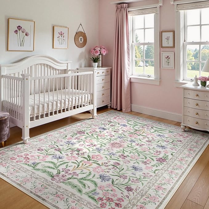 Wonnitar Boho Floral Area Rug 6x9, Washable Purple Rugs for Bedroom Girls, Non Slip Ultra-Thin Soft Indoor Baby Carpet for Nursery Dorm Kids Room Living Room, Light Purple/Pink