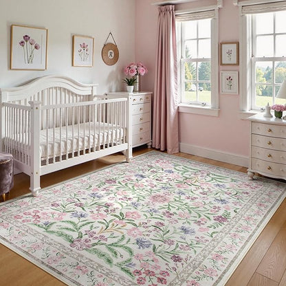 Wonnitar Boho Floral Area Rug 6x9, Washable Purple Rugs for Bedroom Girls, Non Slip Ultra-Thin Soft Indoor Baby Carpet for Nursery Dorm Kids Room Living Room, Light Purple/Pink